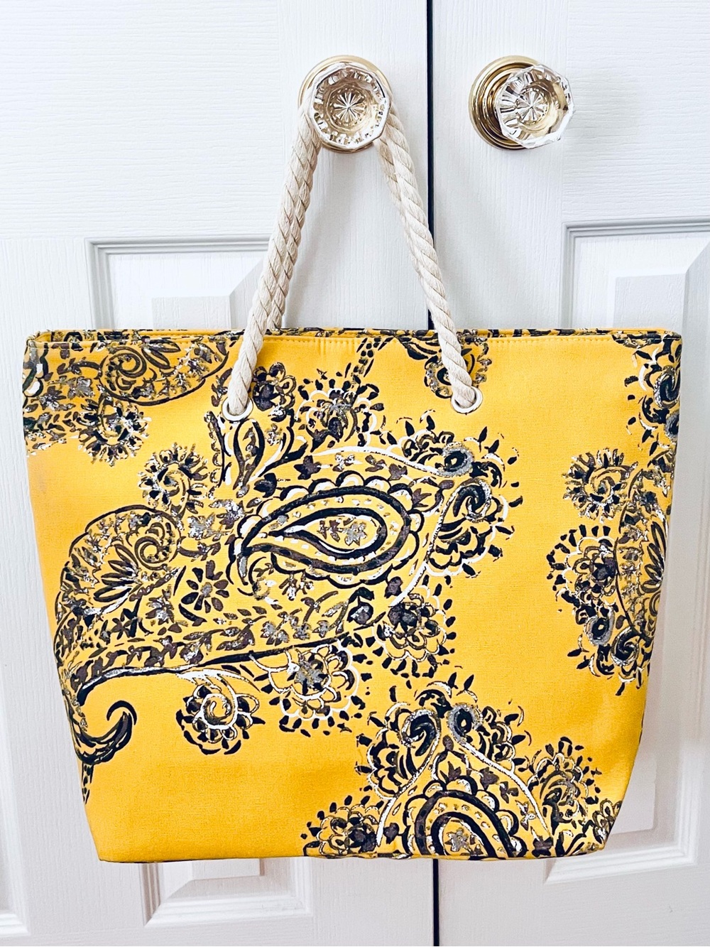 Canvas Zippered Tote Bag Yellow & Black Paisley With Rope Handles - New